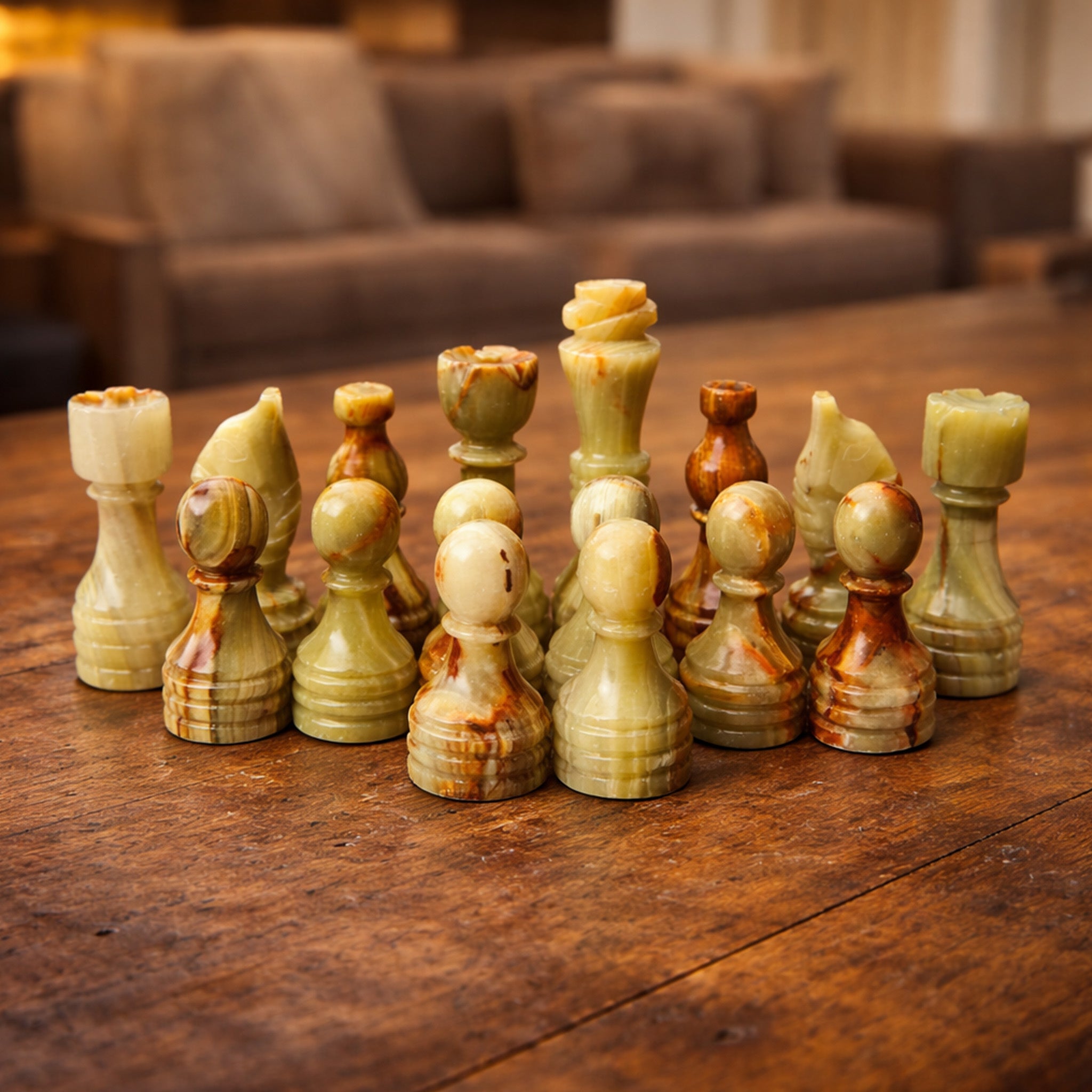 White Green Onyx Marble Chess Pieces for 12 to 16 Inches Board - Handmade (Pieces Only)