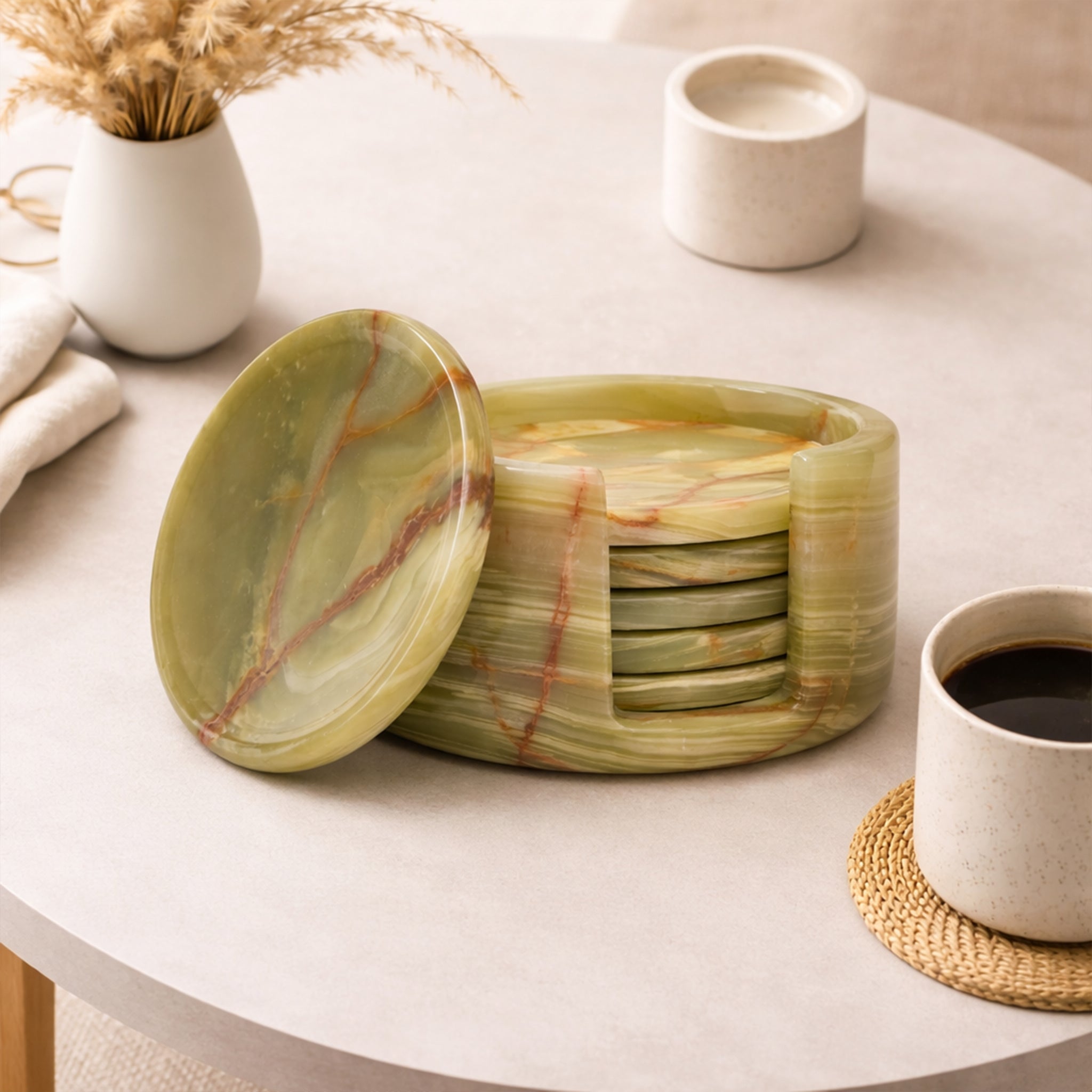 Green Onyx Round Marble Coaster (Set of 6)