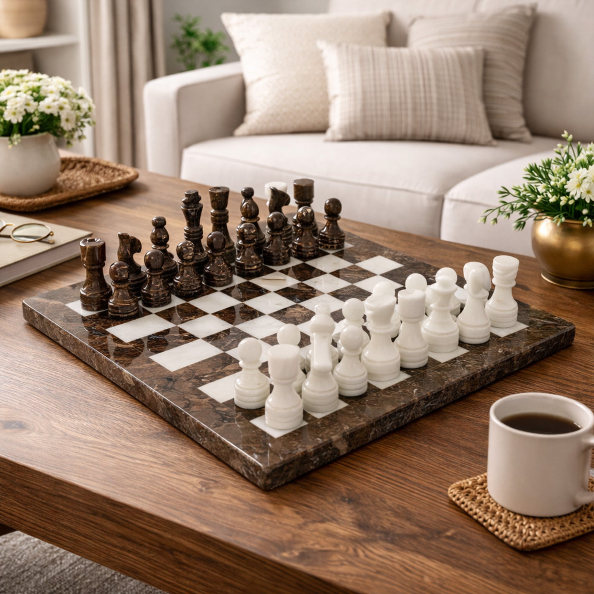 Grey Oceanic and White Marble Chess Set 12 Inches - Premium Handcrafted Design