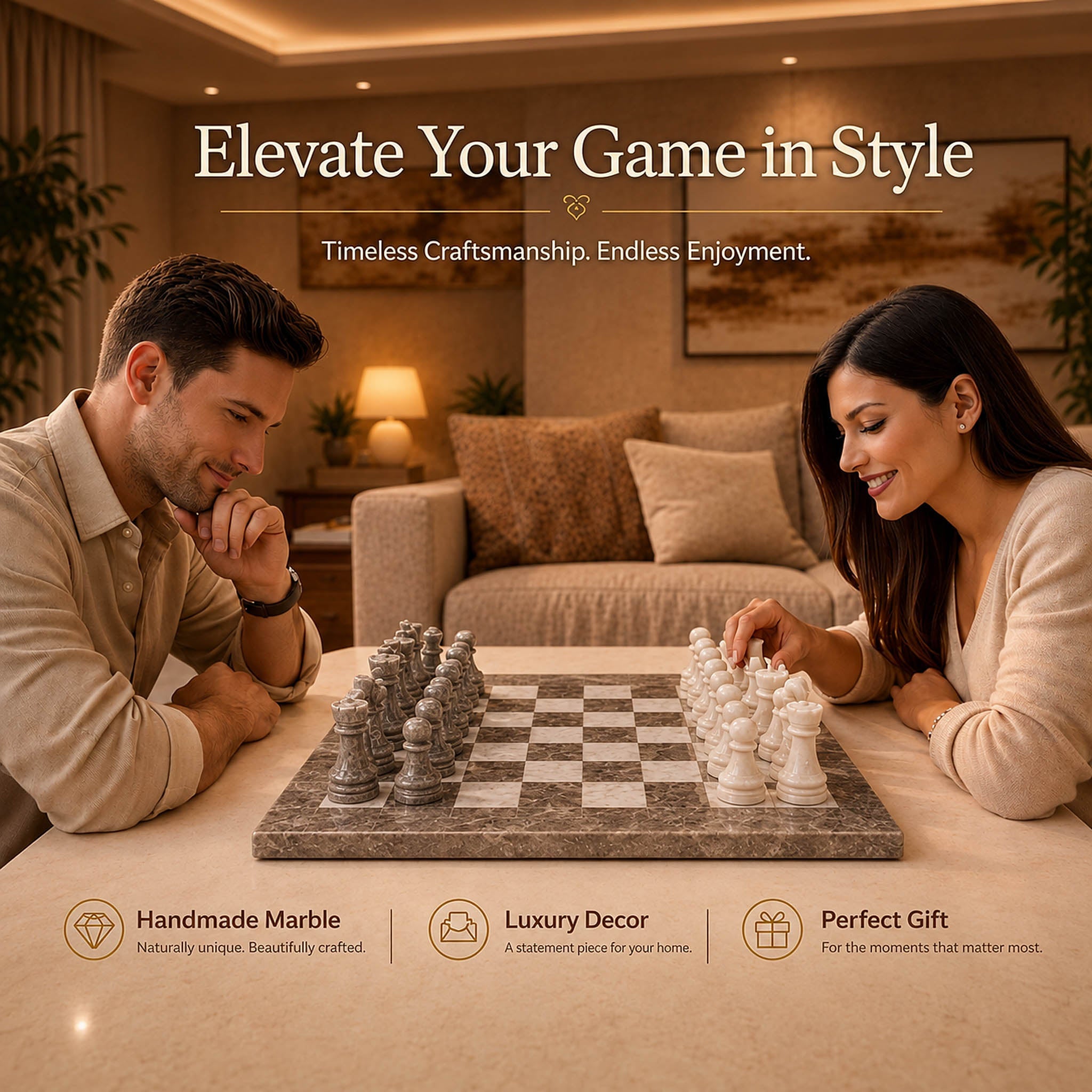 Grey Oceanic and White Marble Chess Set - 15 Inch Handcrafted Natural Stone