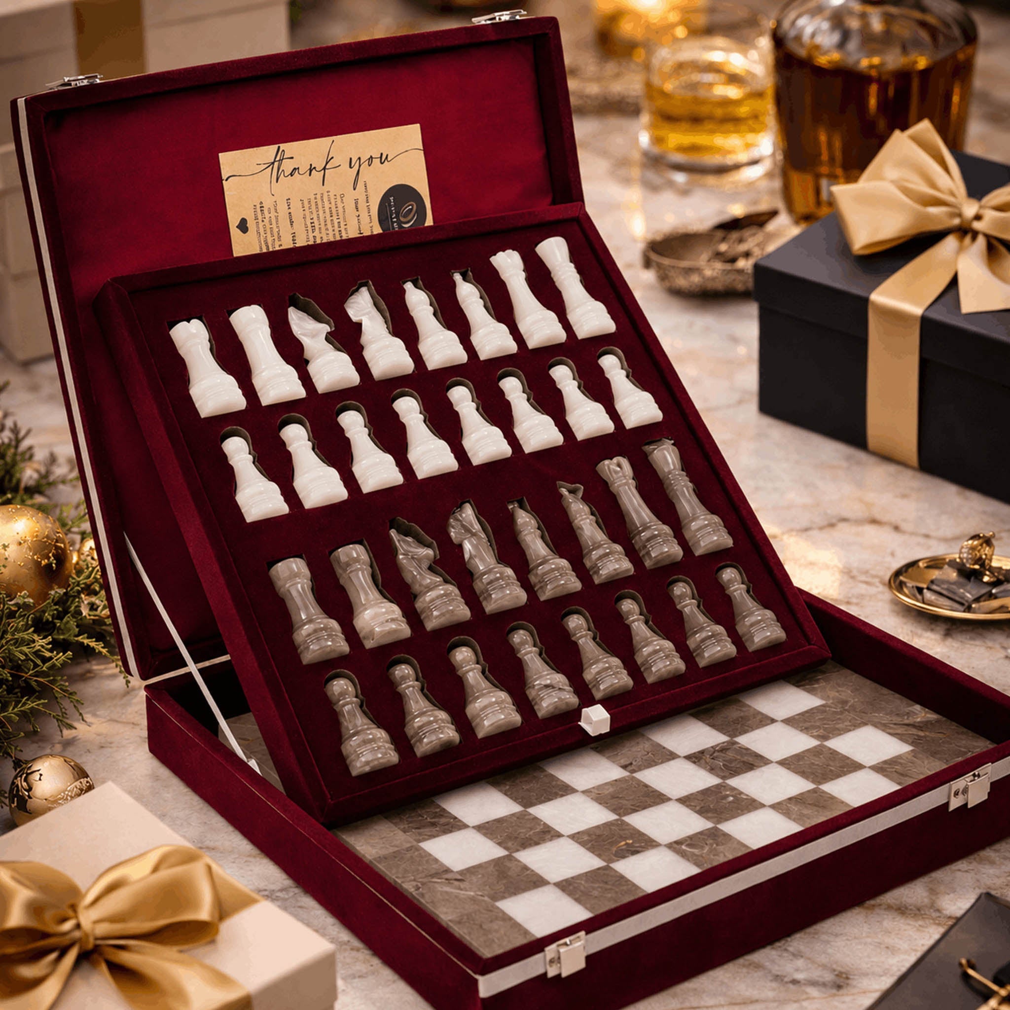 Grey Oceanic and White Marble Chess Set - 15 Inch Handcrafted Natural Stone