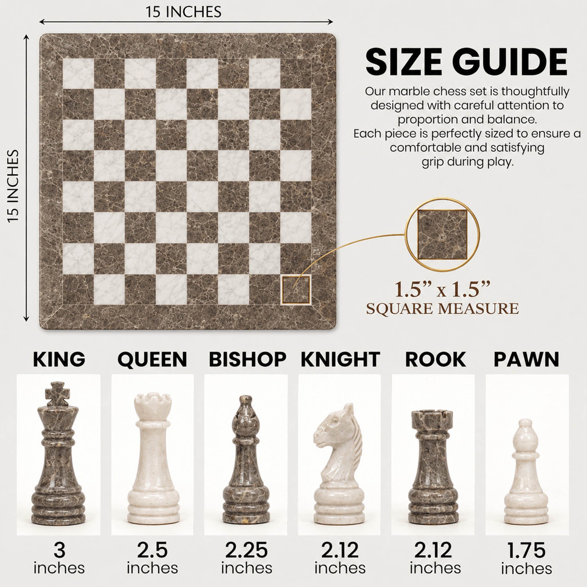 Grey Oceanic and White Marble Chess Set - 15 Inch Handcrafted Natural Stone