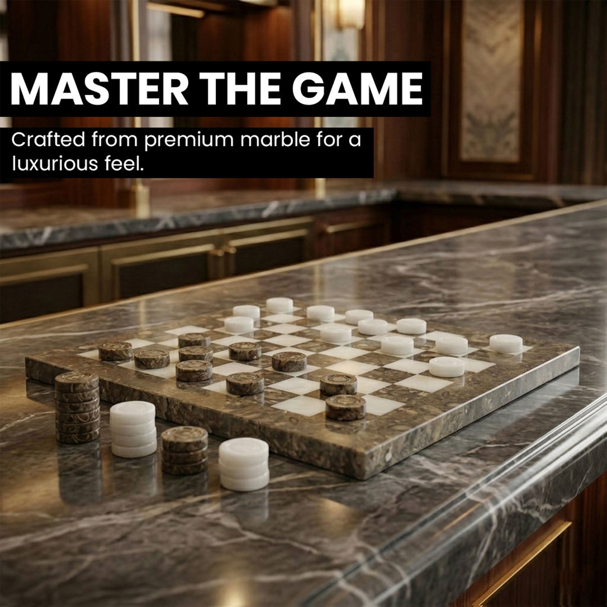 Grey Oceanic and White Marble Checkers Set – ( 32 Handcrafted Pieces )