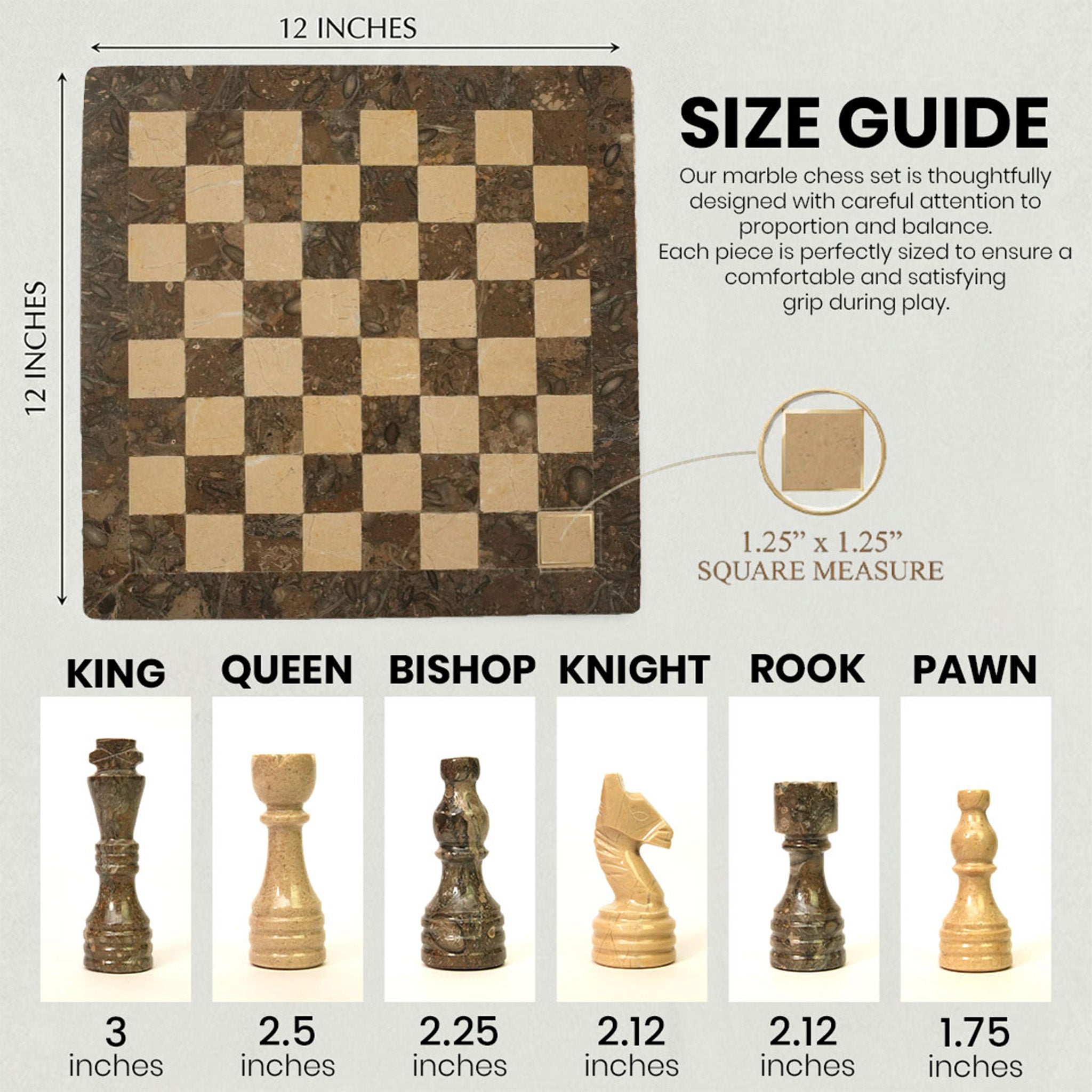 Grey and Verona Marble Chess Set 12 Inches - Premium Quality