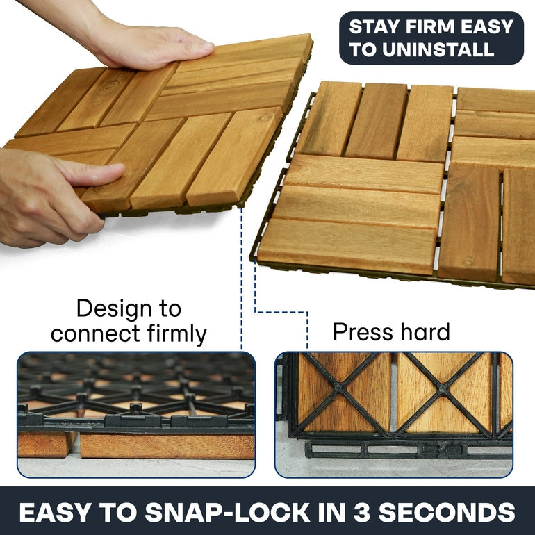 Snap-fit wood deck tile installation