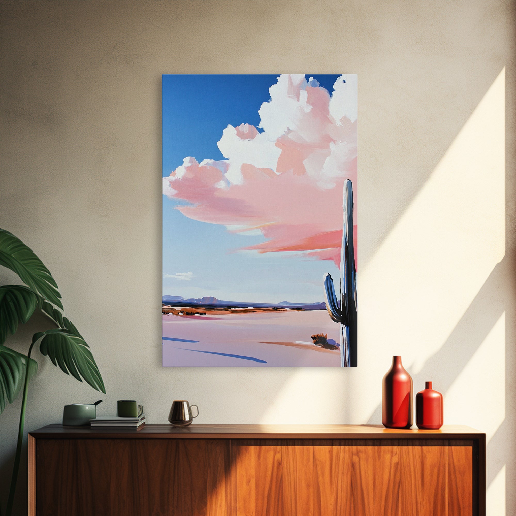 Desert Cactus Art, Southwestern Landscape Painting, Warm Boho Decor, Modern Nature Print, Framed Canvas Print, Living Room Wall Art