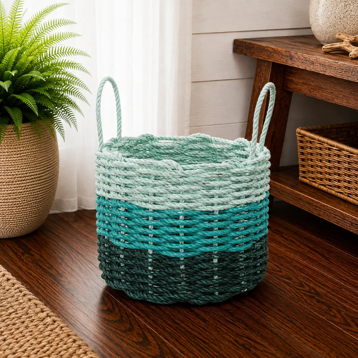 Hunter Green, Teal & Seafoam Ombre Rope Basket