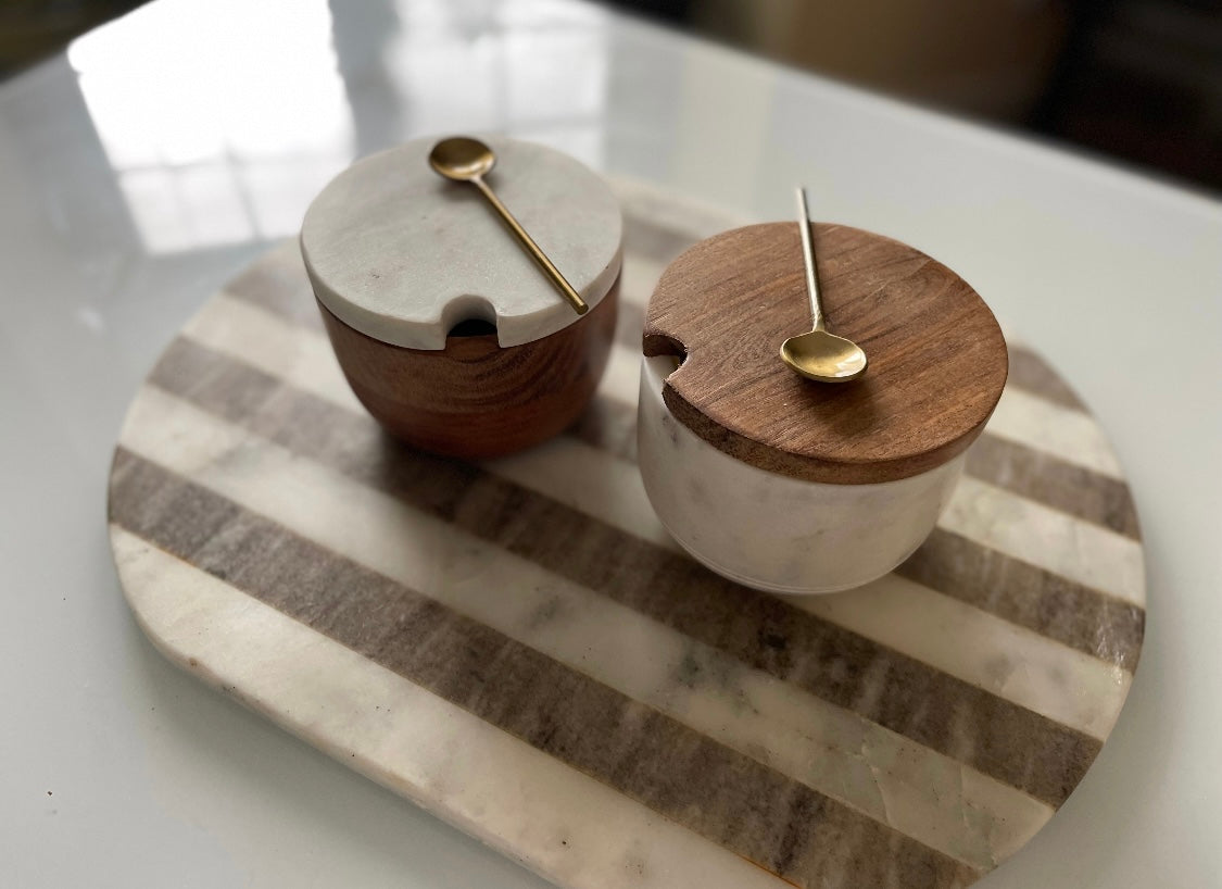 Marble salt cellar set with lid and spoon