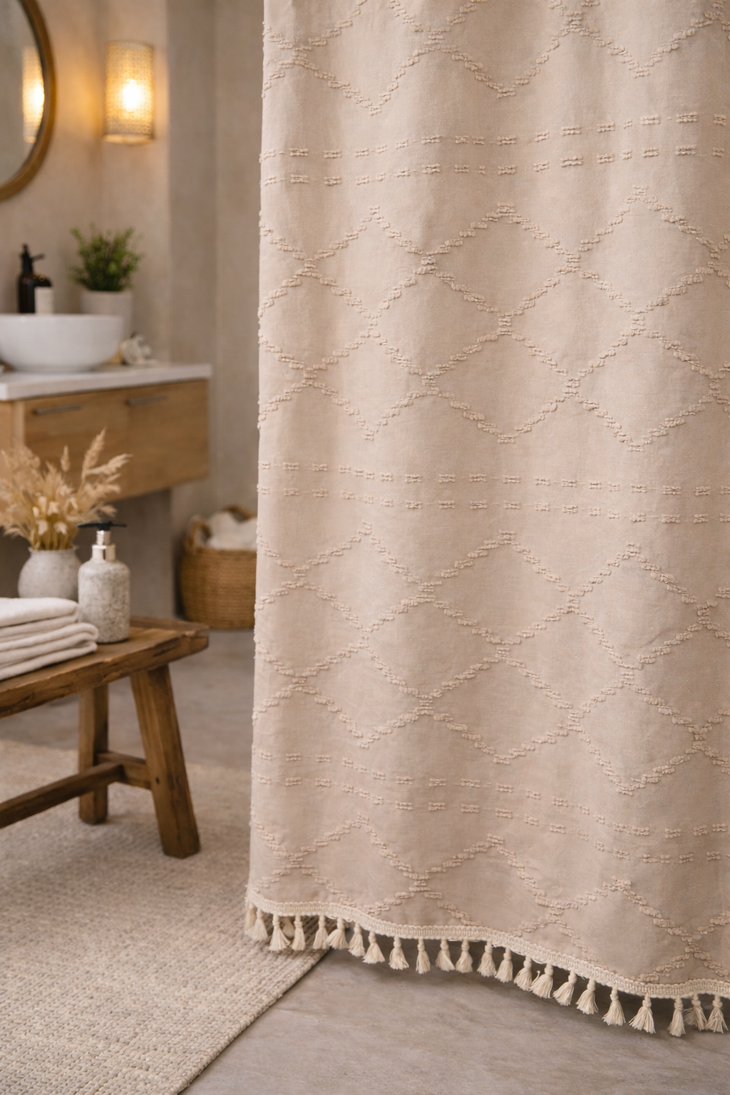 Valencia Tufted Beige Shower Curtain — 72" × 72" – alternate product view