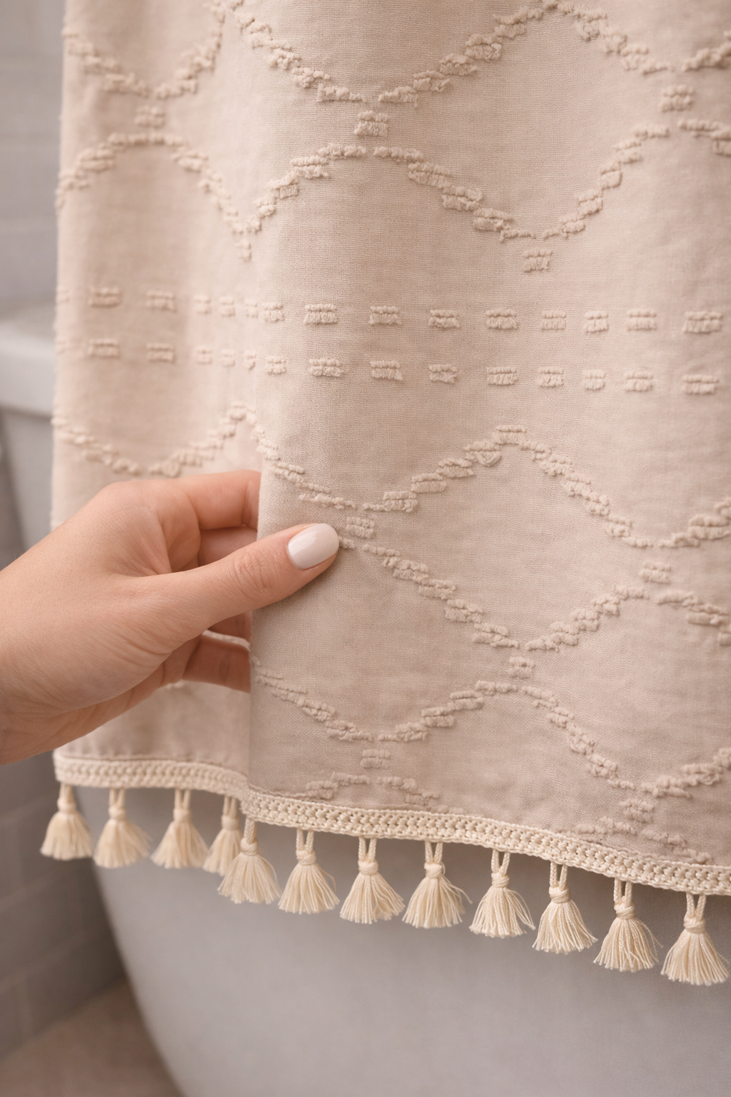 Valencia Tufted Beige Shower Curtain — 72" × 72" – alternate product view