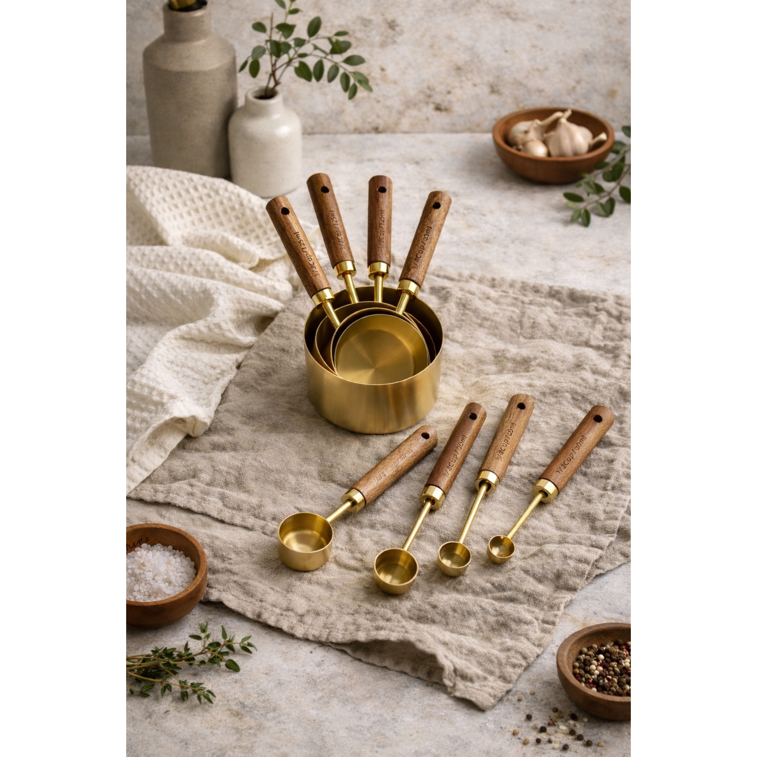 Montecito Acacia Wood & Gold Measuring Set — 8 Piece