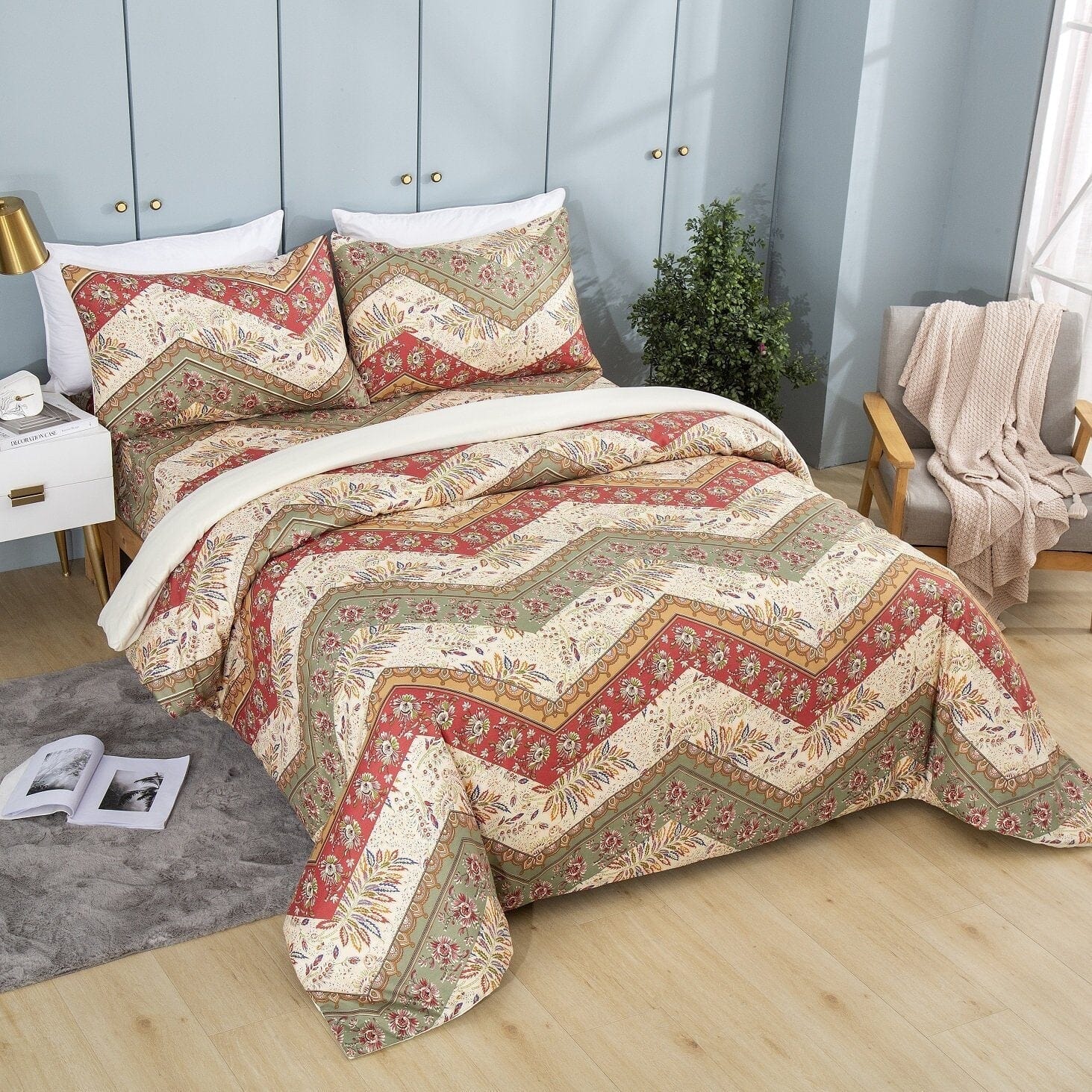 DaDa Bedding Cranberry Sage Floral Chevron Duvet Cover Set