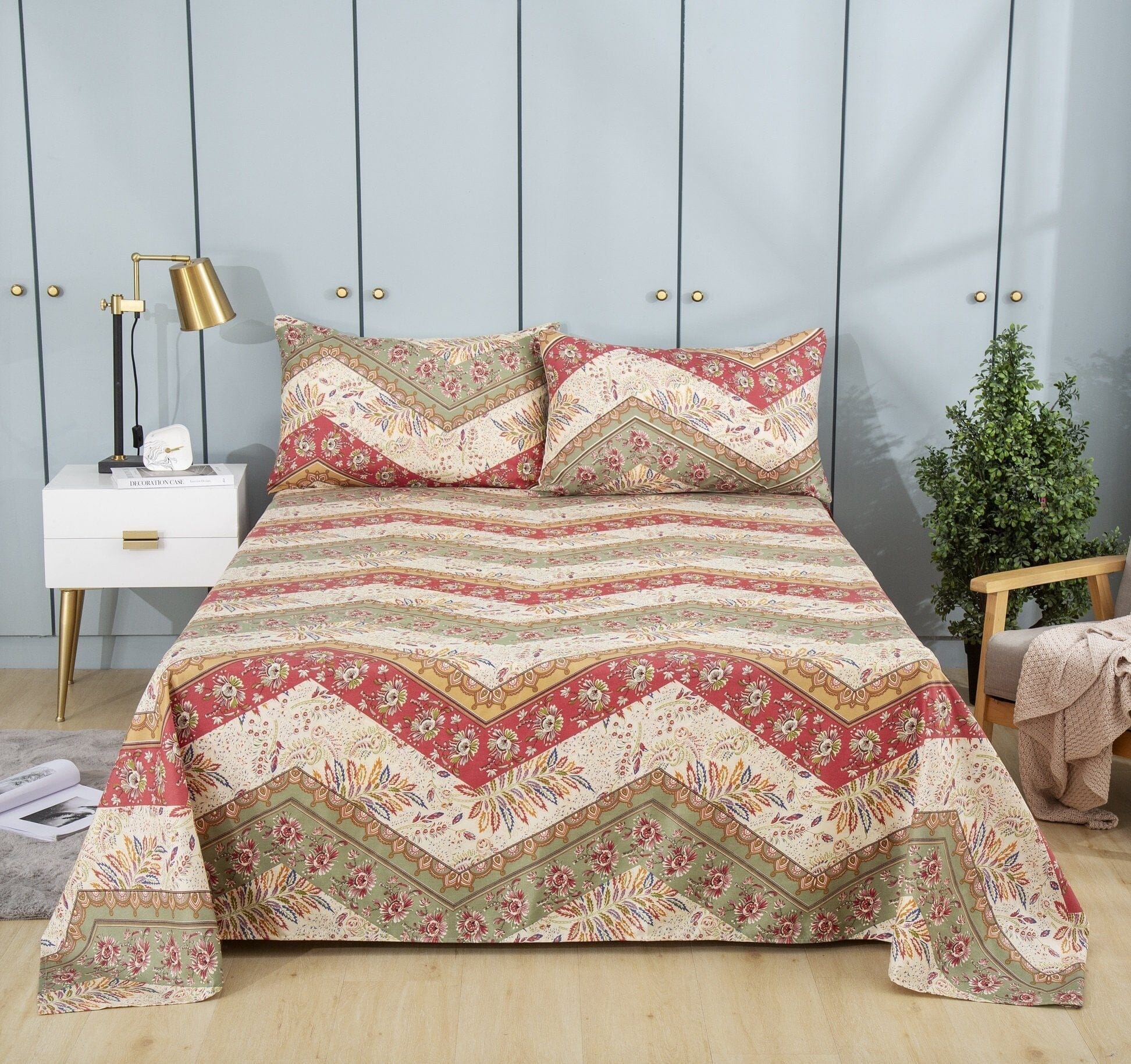 DaDa Bedding Cranberry Sage Floral Flat Sheet Set