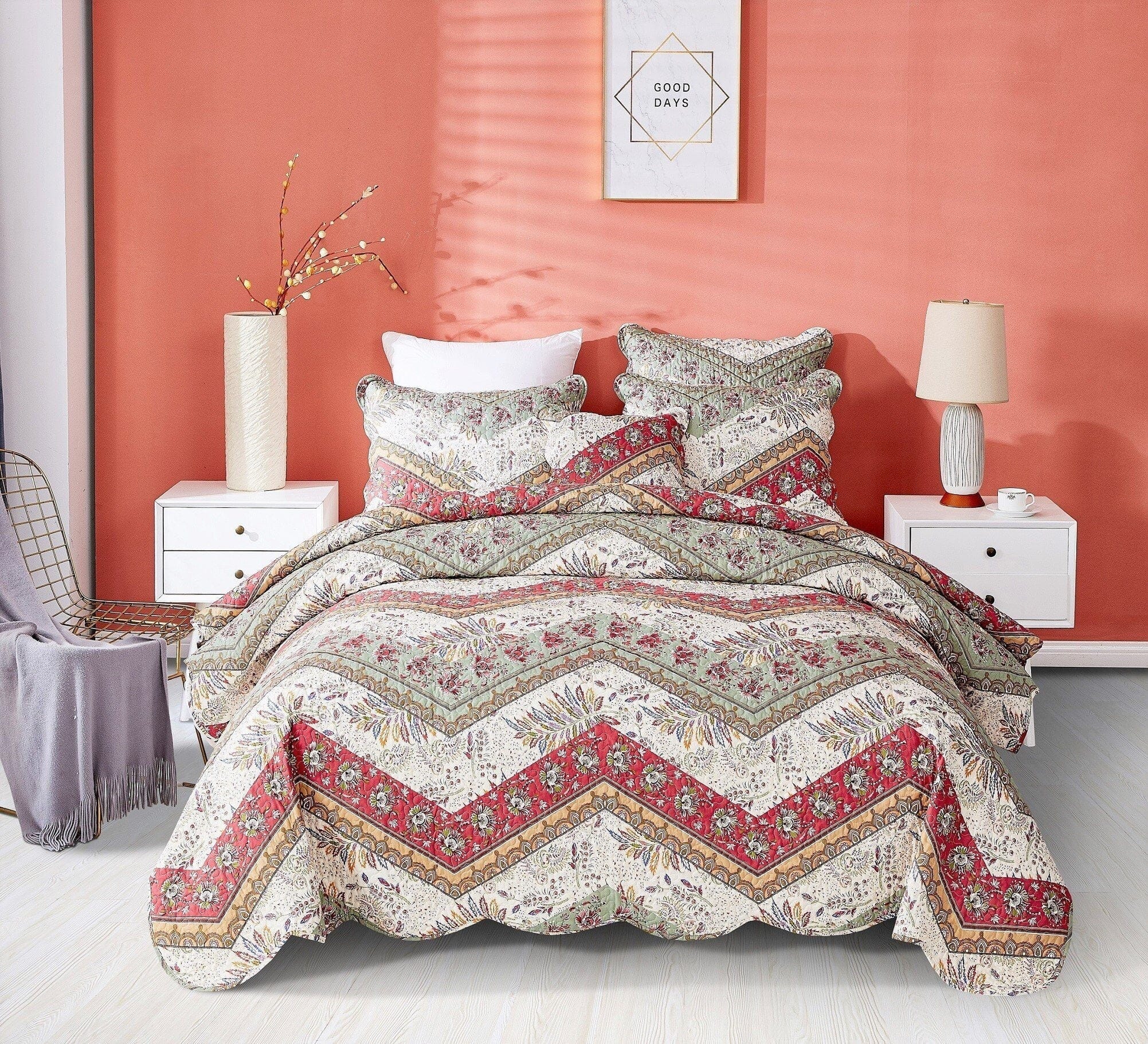 DaDa Bedding Cranberry Sage Floral Chevron Quilt Set - Lightweight Bedspread