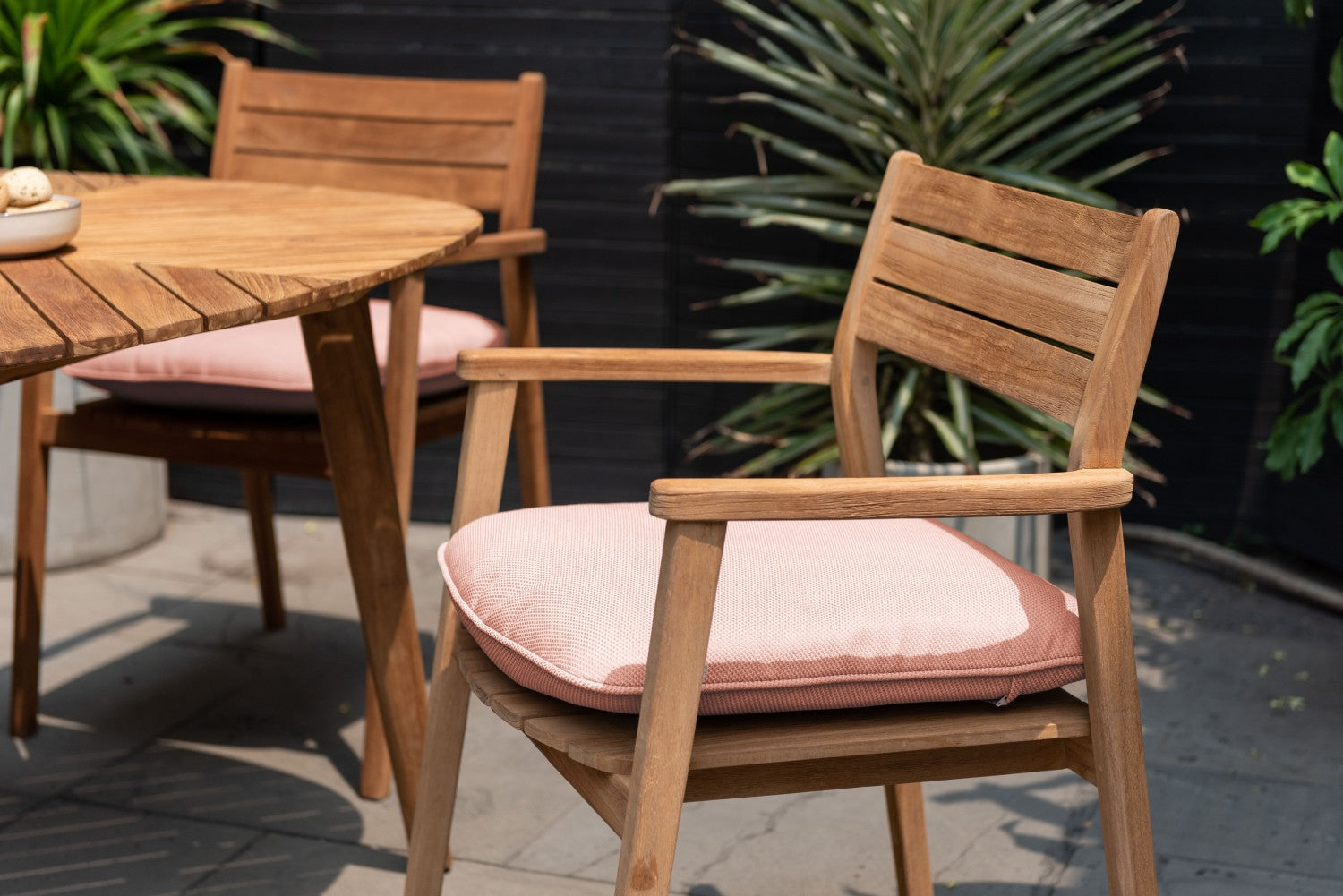 Jade teak stacking armchair with Terracotta cushion