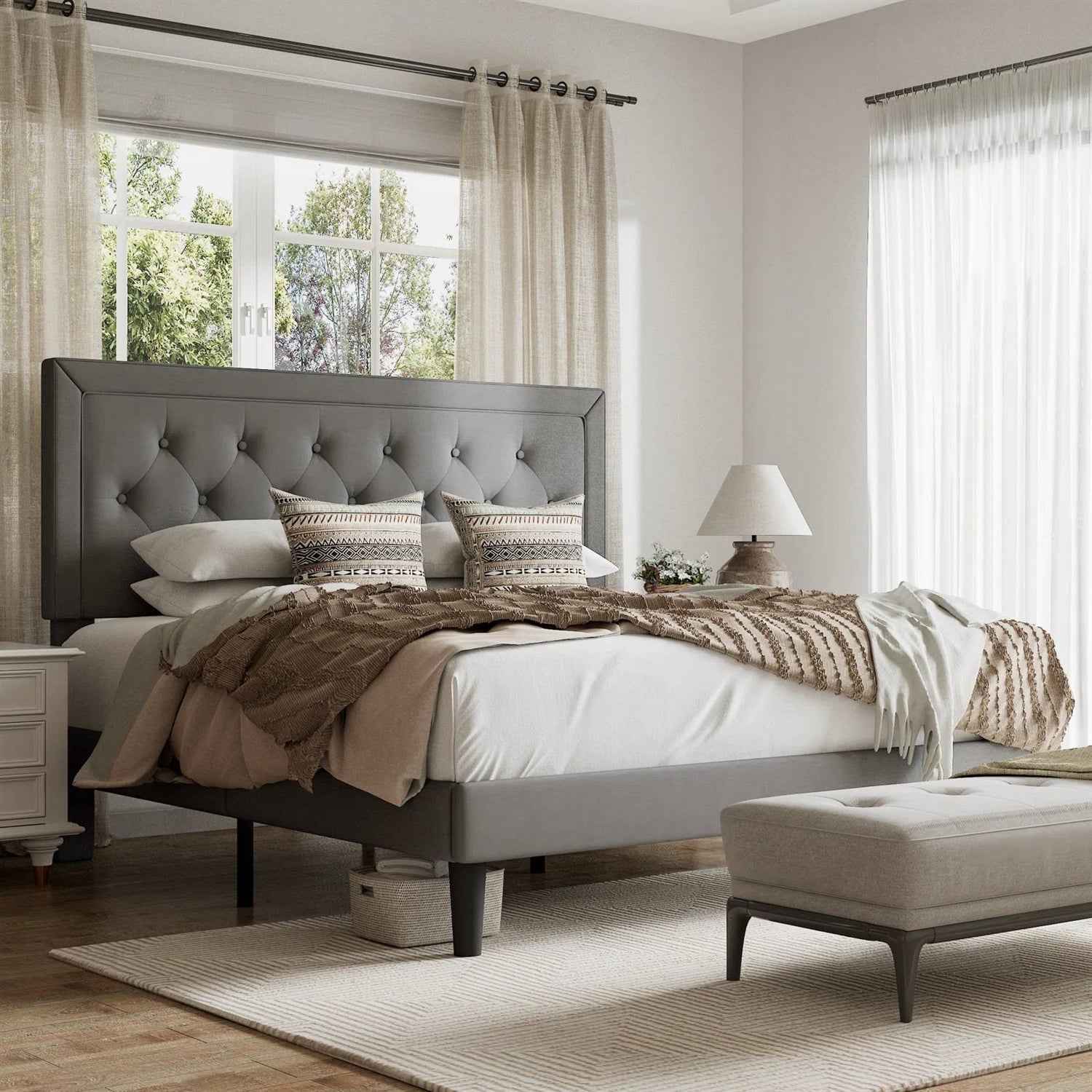 Queen grey linen platform bed with button-tufted headboard by HomePacific