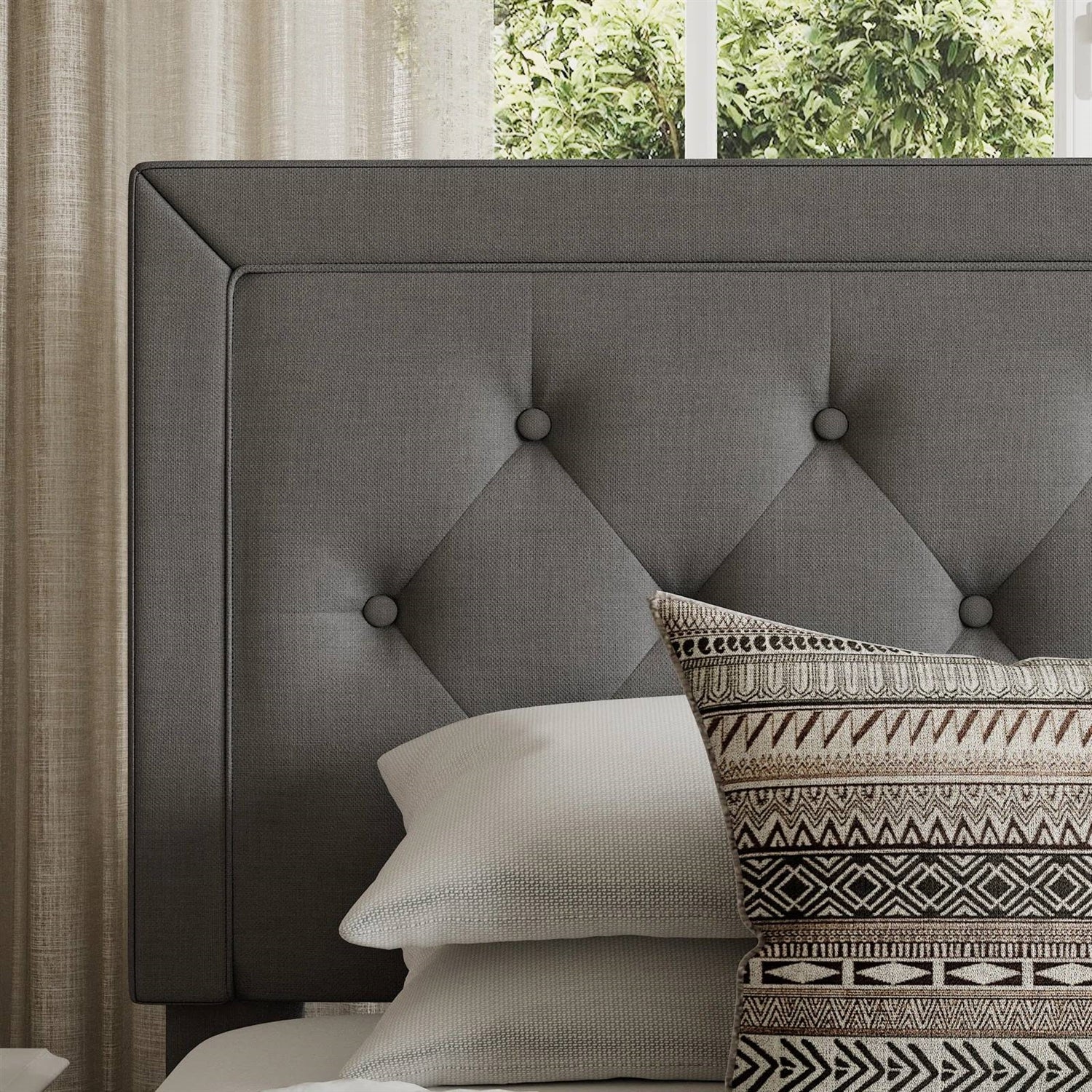 Queen Grey Linen Platform Bed with Button-Tufted Headboard