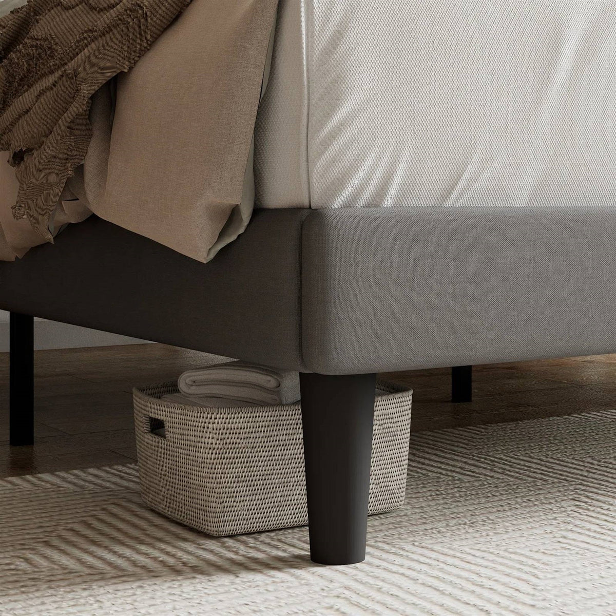 Queen Grey Linen Platform Bed with Button-Tufted Headboard