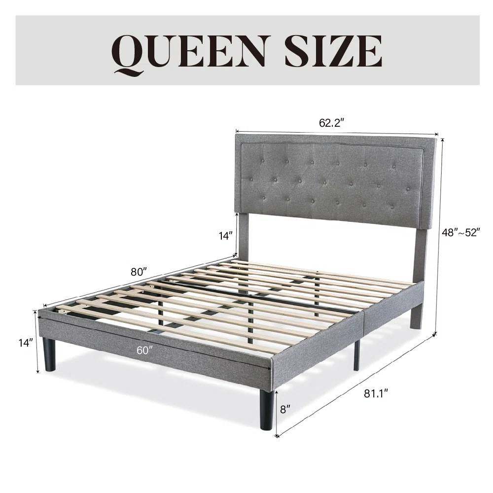 Queen Grey Linen Platform Bed with Button-Tufted Headboard