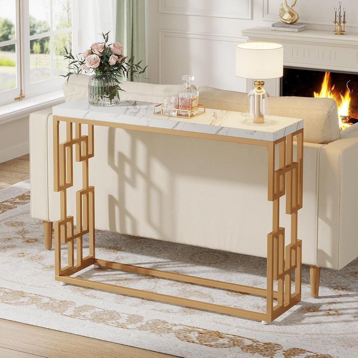 White faux marble console table with gold frame by HomePacific