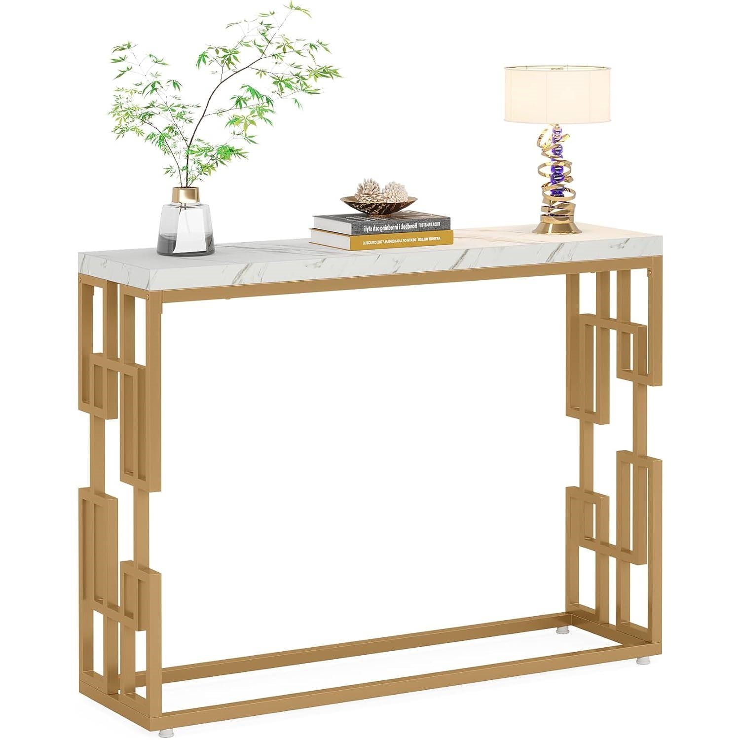 42-Inch White Faux Marble Console Table with Gold Frame