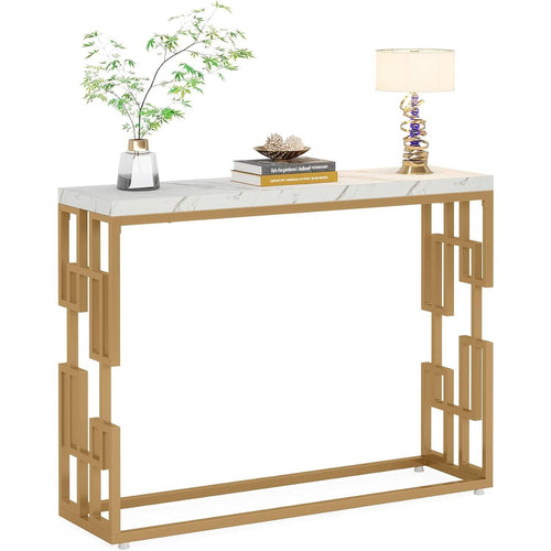 42-Inch White Faux Marble Console Table with Gold Frame