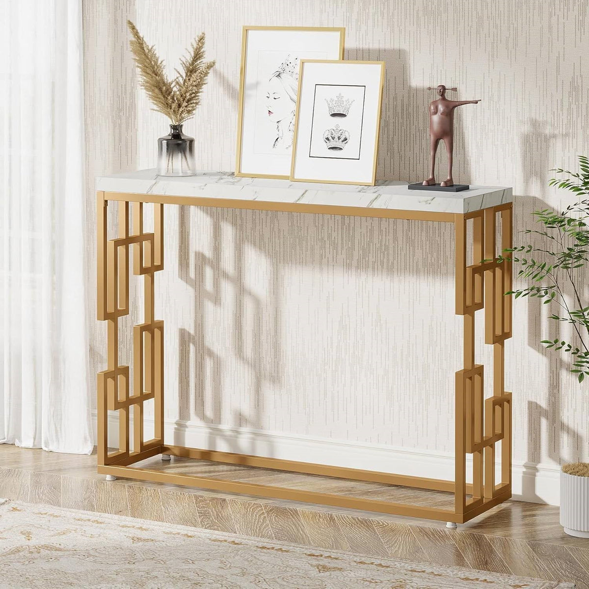 42-Inch White Faux Marble Console Table with Gold Frame