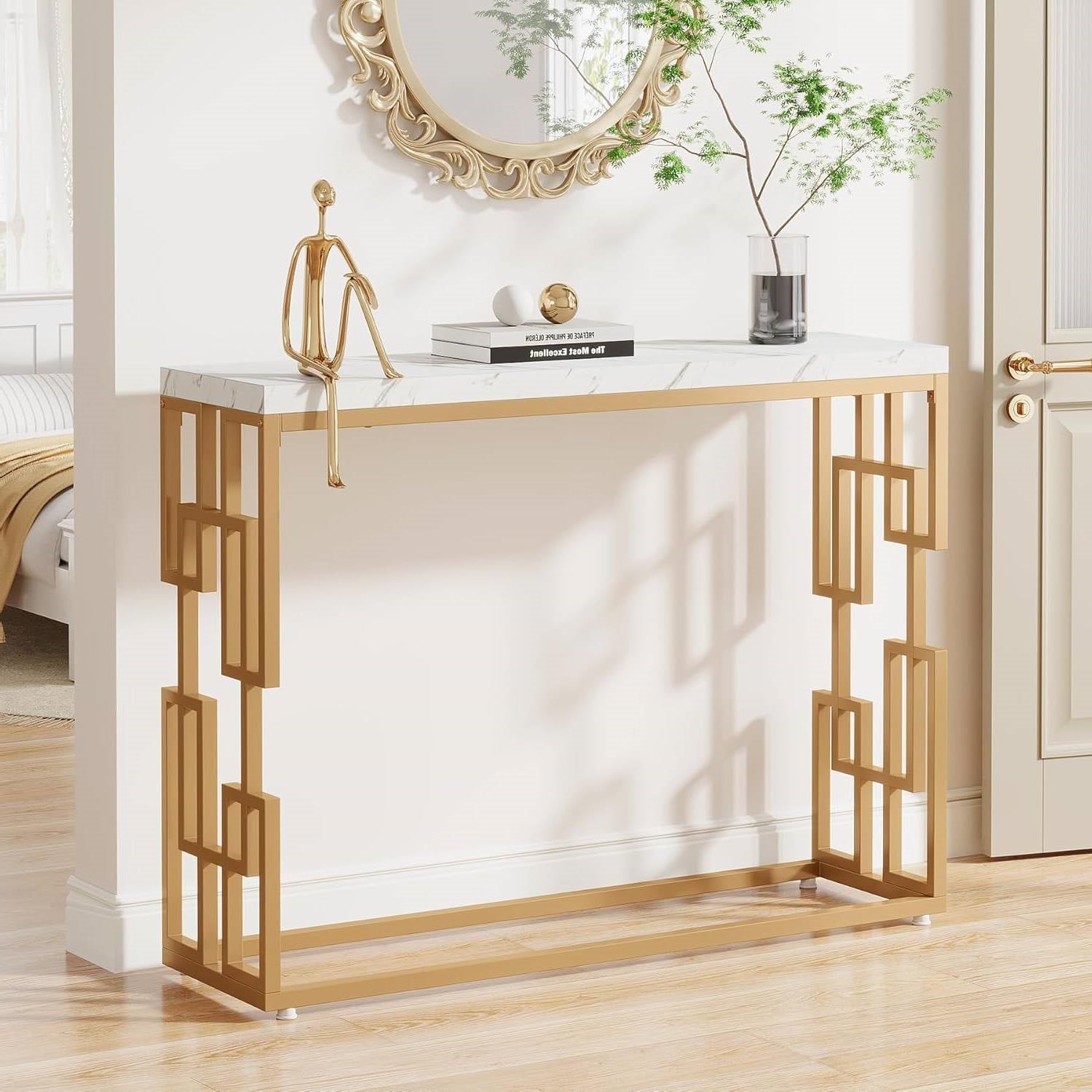 42-Inch White Faux Marble Console Table with Gold Frame