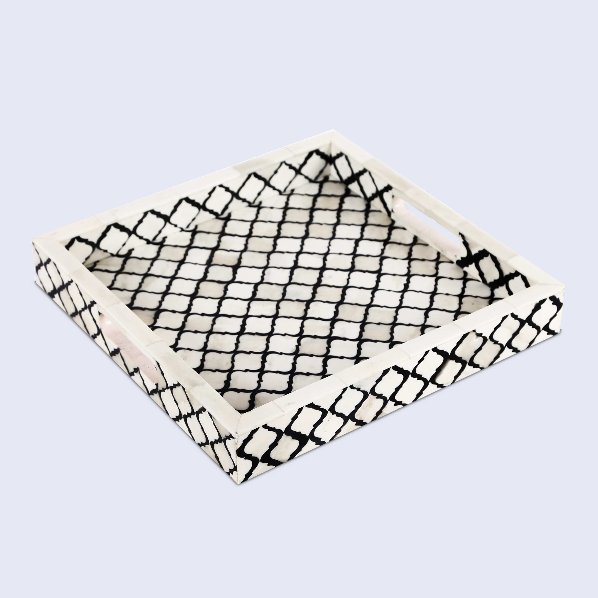 Decorative Tray Moroccan Pattern Bone & Resin Inlay, Black & White, 3 Sizes