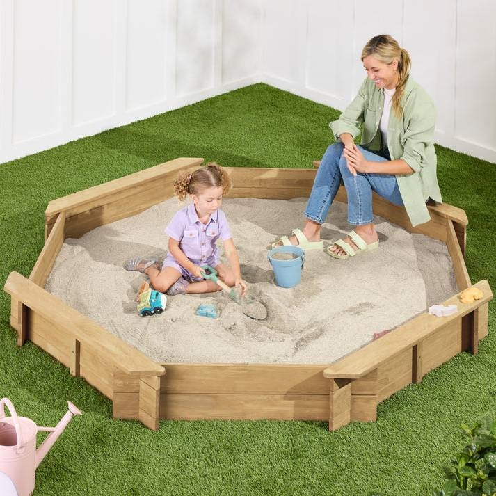 Natural wood octagonal outdoor sandbox with cover by HomePacific