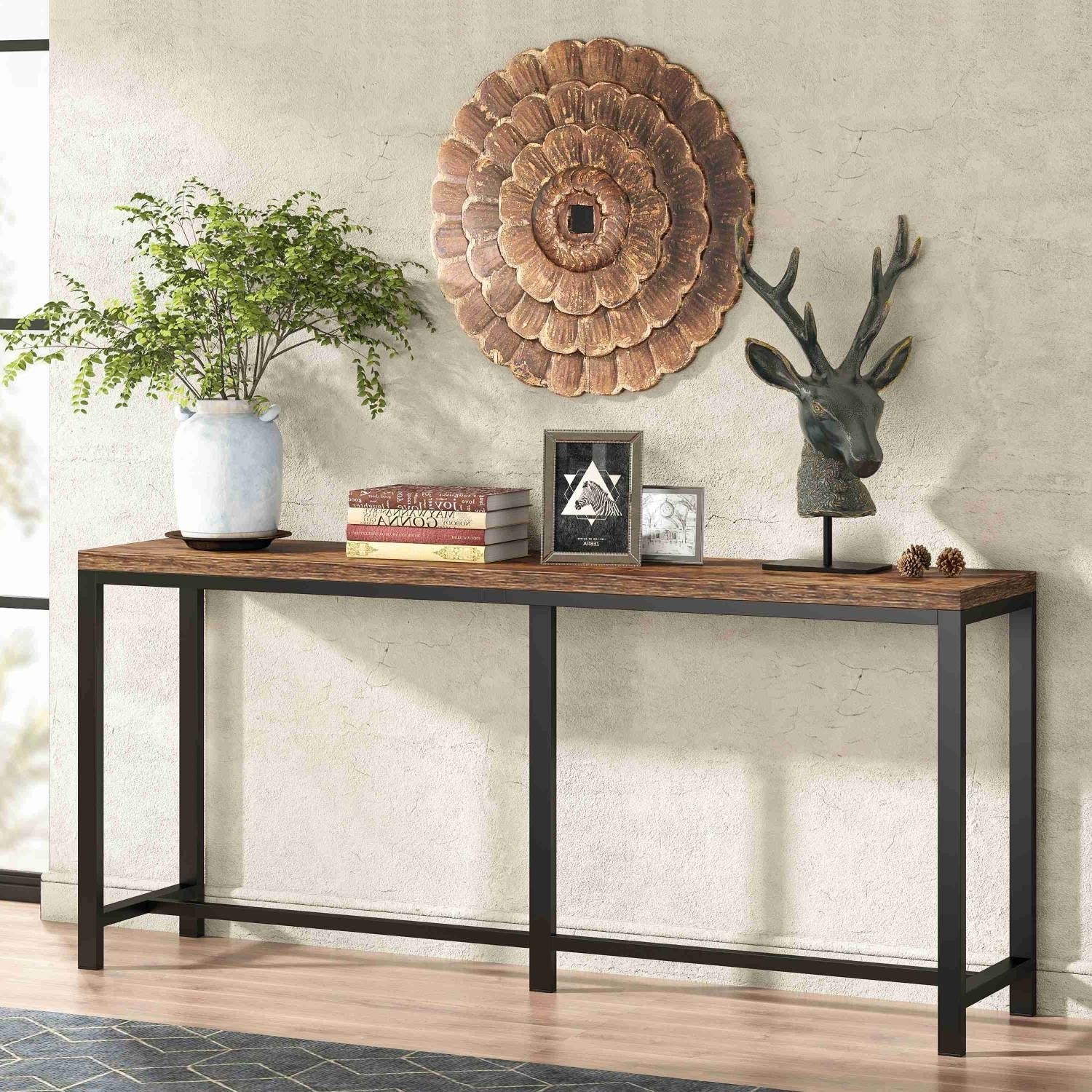 70-inch narrow rustic brown console table with black metal frame by HomePacific