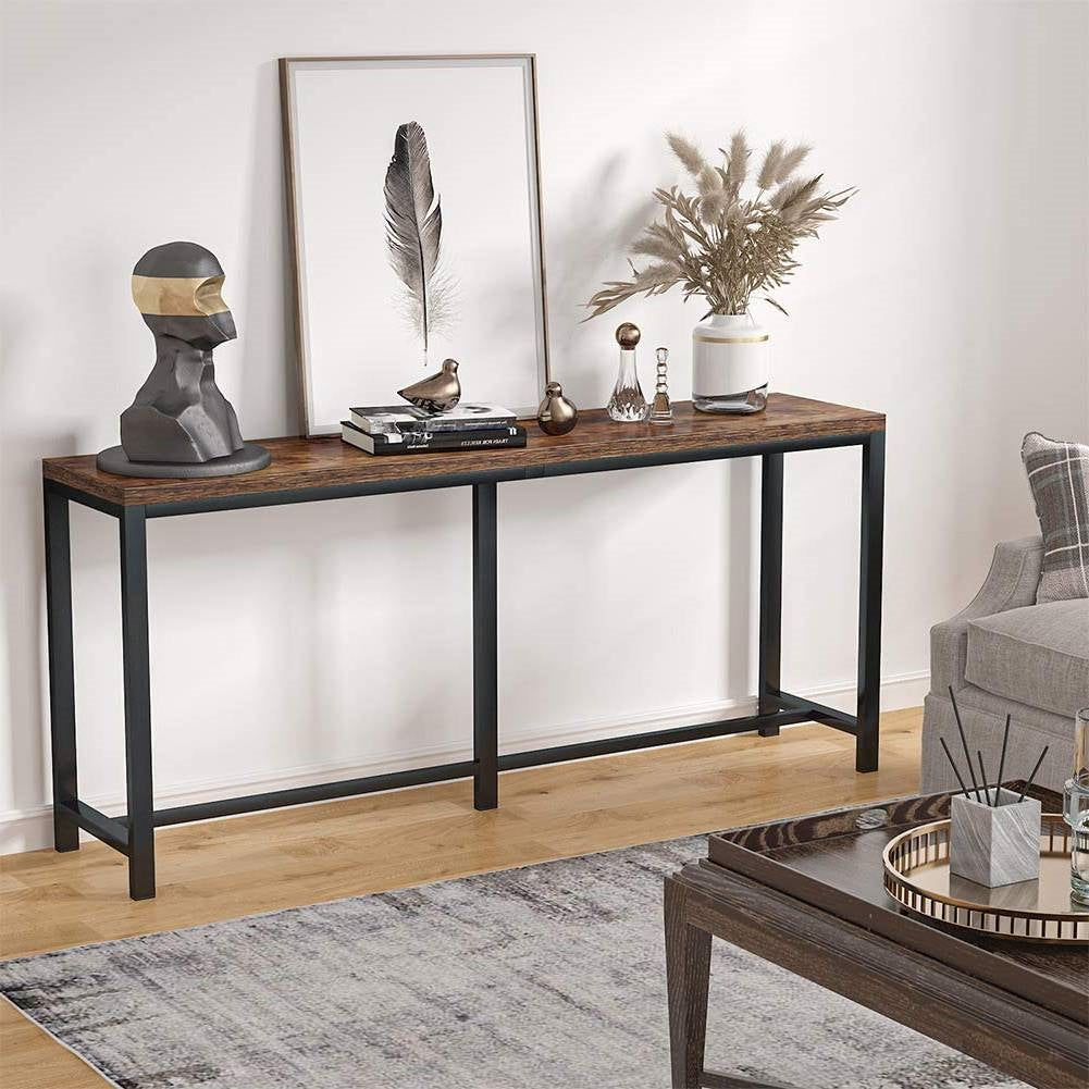 70-Inch Narrow Rustic Brown Console Table with Black Metal Frame