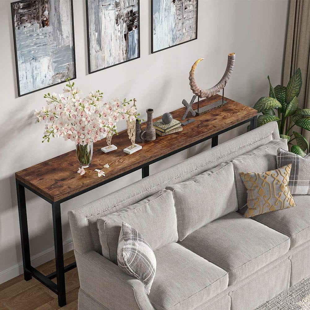 70-Inch Narrow Rustic Brown Console Table with Black Metal Frame