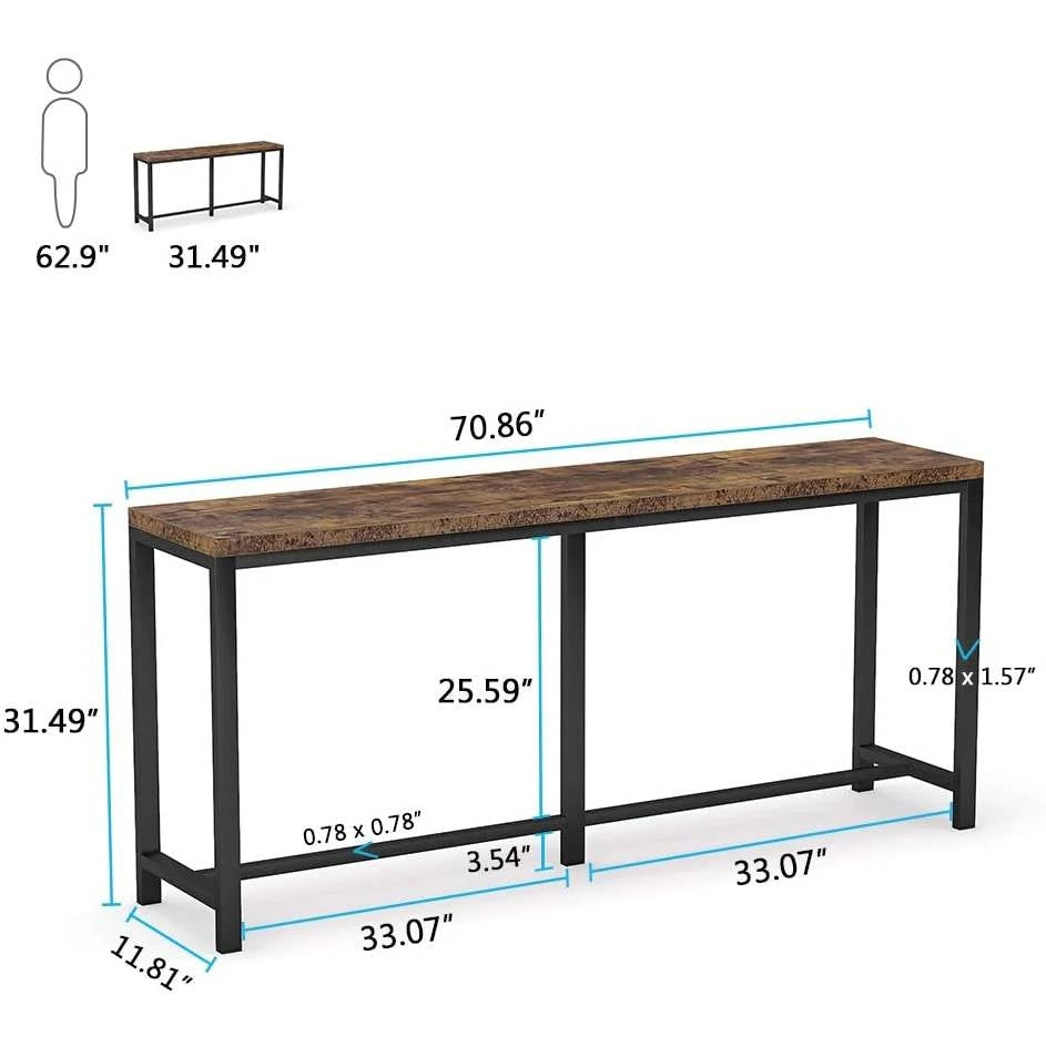 70-Inch Narrow Rustic Brown Console Table with Black Metal Frame