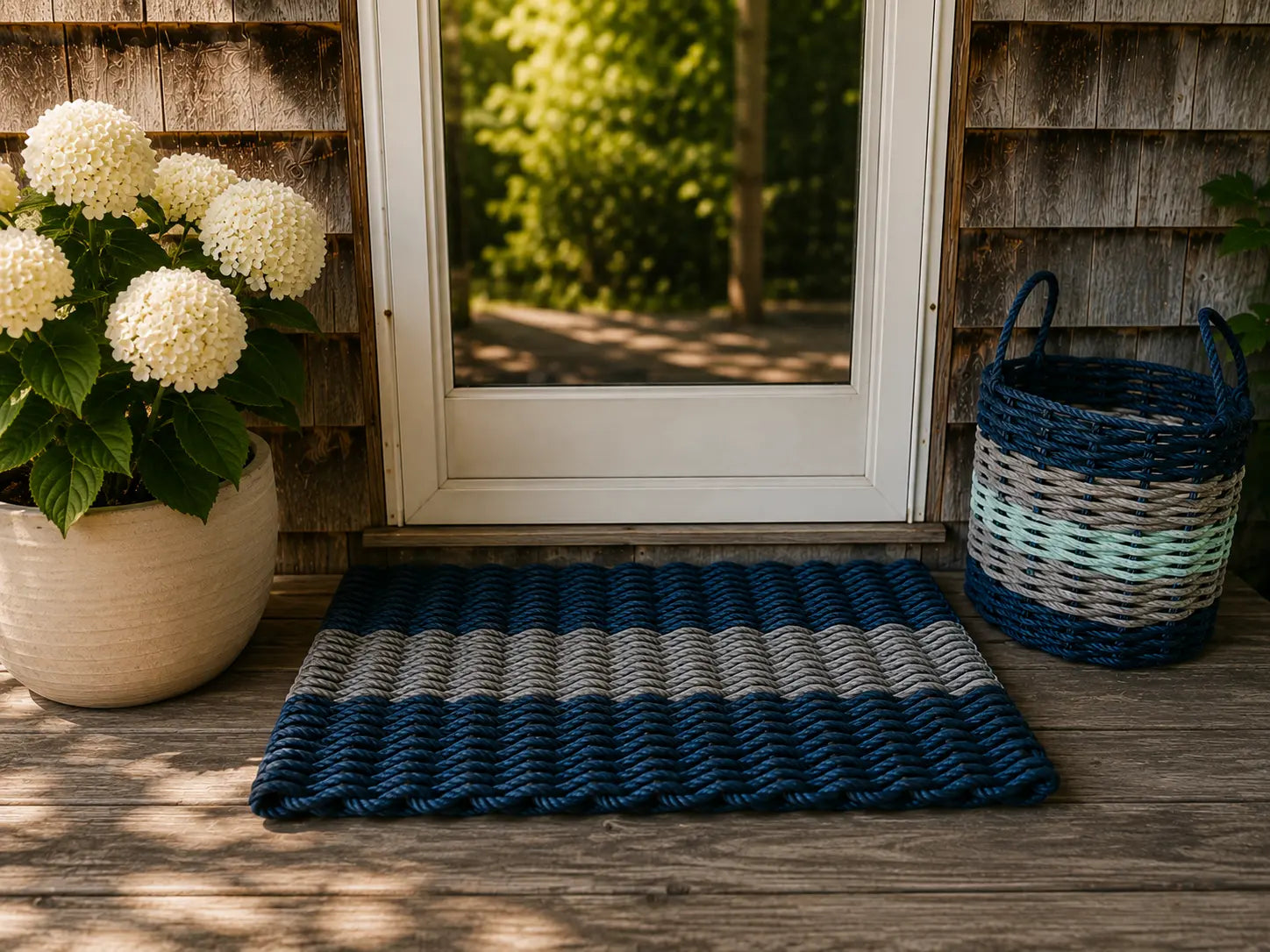 Navy and light gray rope doormat