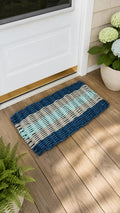 Navy Blue, Tan & Seafoam 5-Stripe Lobster Rope Doormat