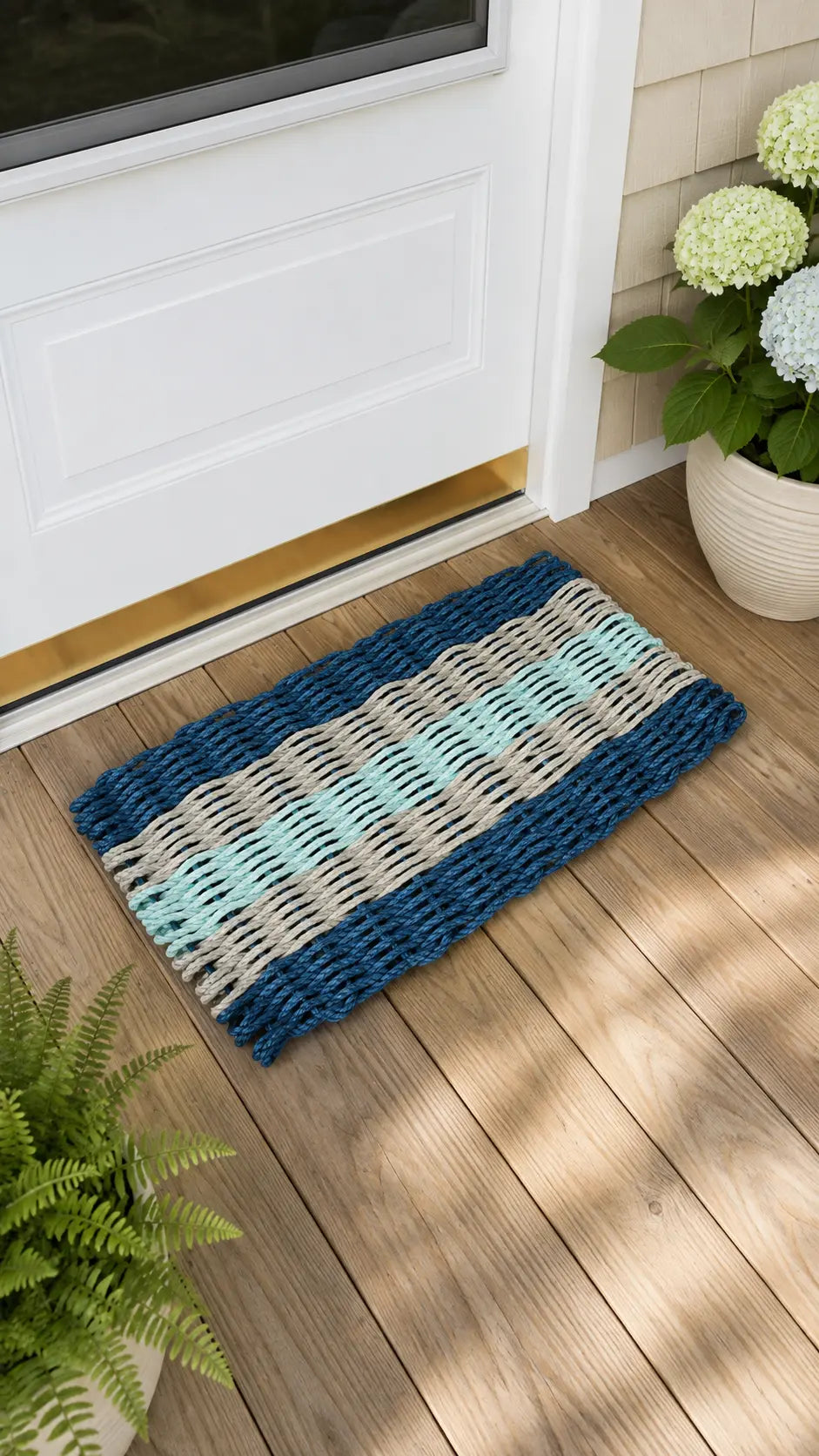 Navy Blue, Tan & Seafoam 5-Stripe Lobster Rope Doormat