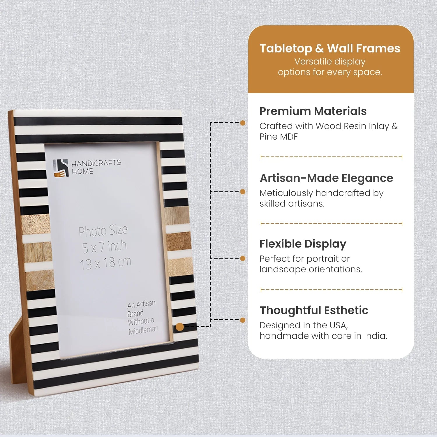 Picture Frame Stripewood Collection Wood & Resin Inlay Black & White – 4x6 & 5x7"