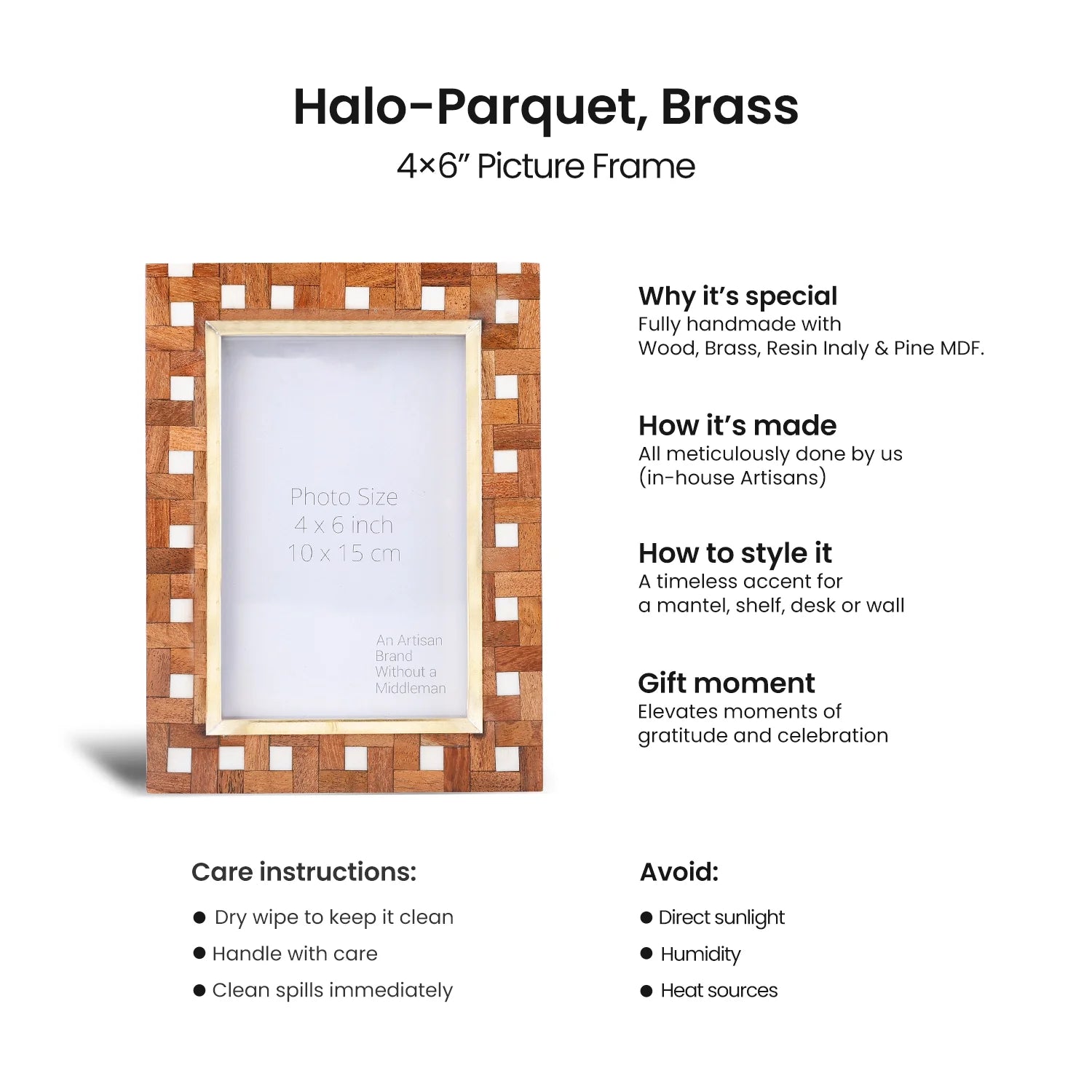 Picture Frame Halo Parquet Collection Brass, Resin & Wood Inlay Brown & White – 4x6 & 5x7"