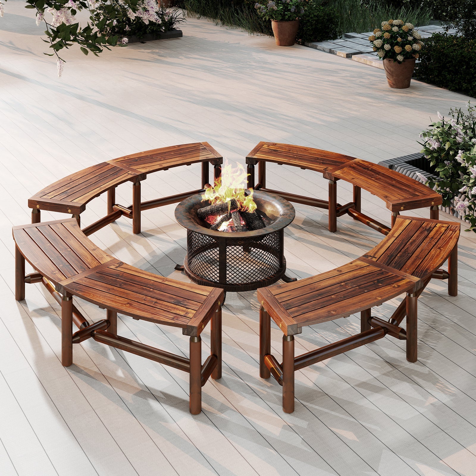 Curved Solid Wood Fire Pit Bench