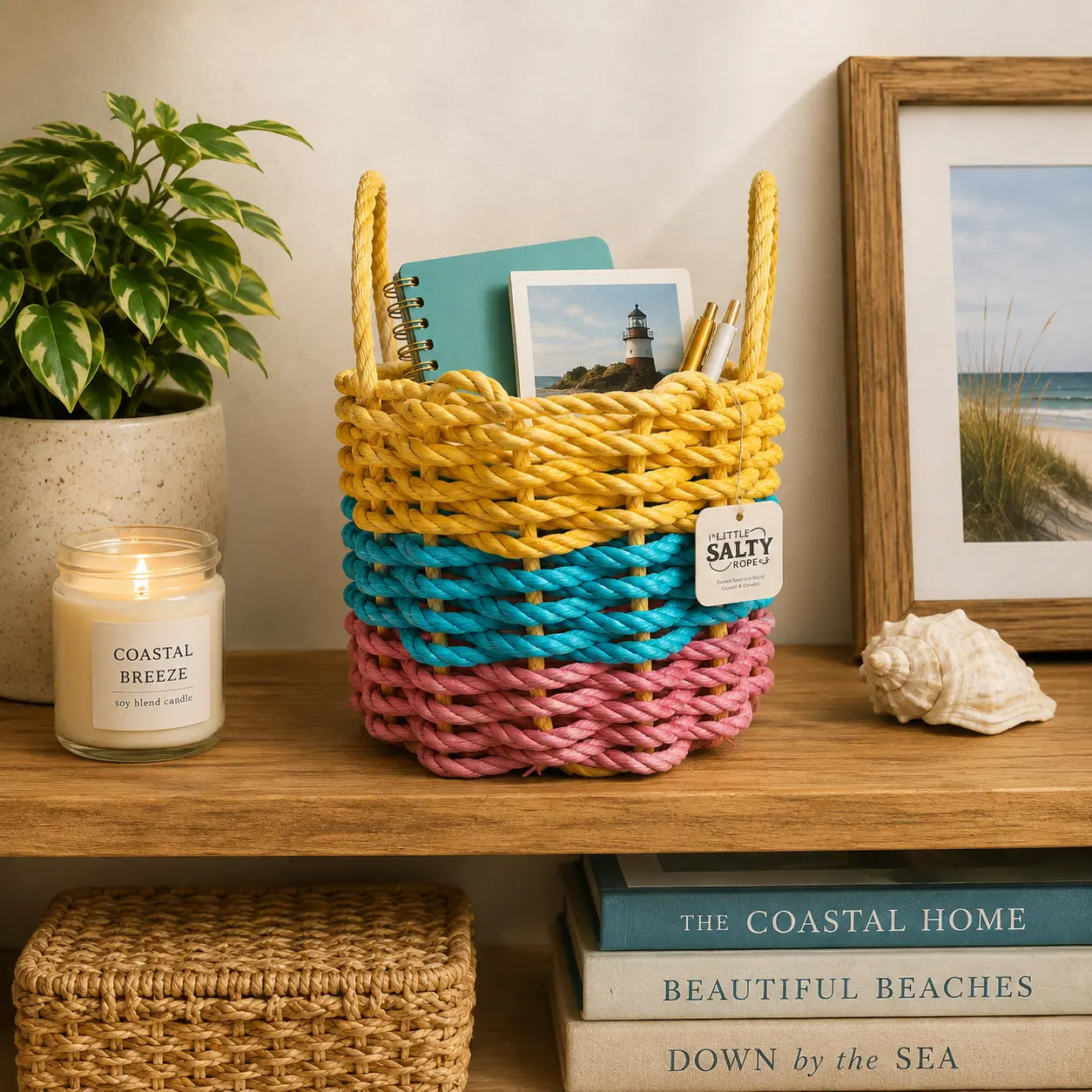 Pink, teal and yellow stripe rope basket