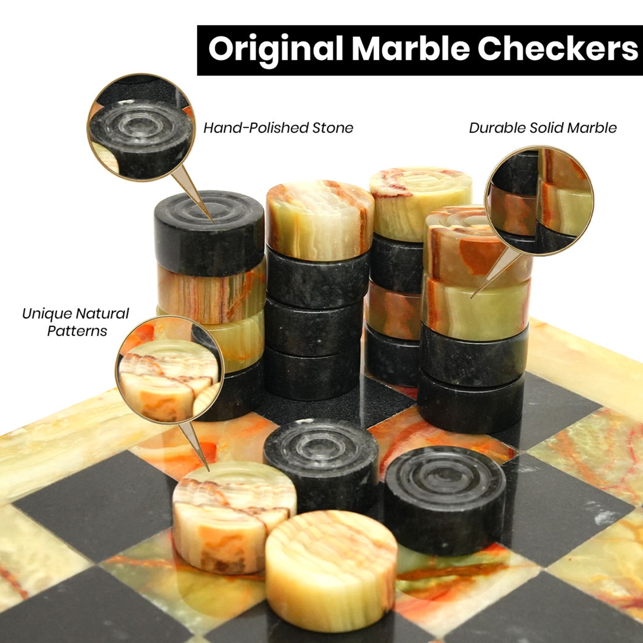 Black & Green Onyx Marble Checkers Set – (32 Premium Luxury Pieces)