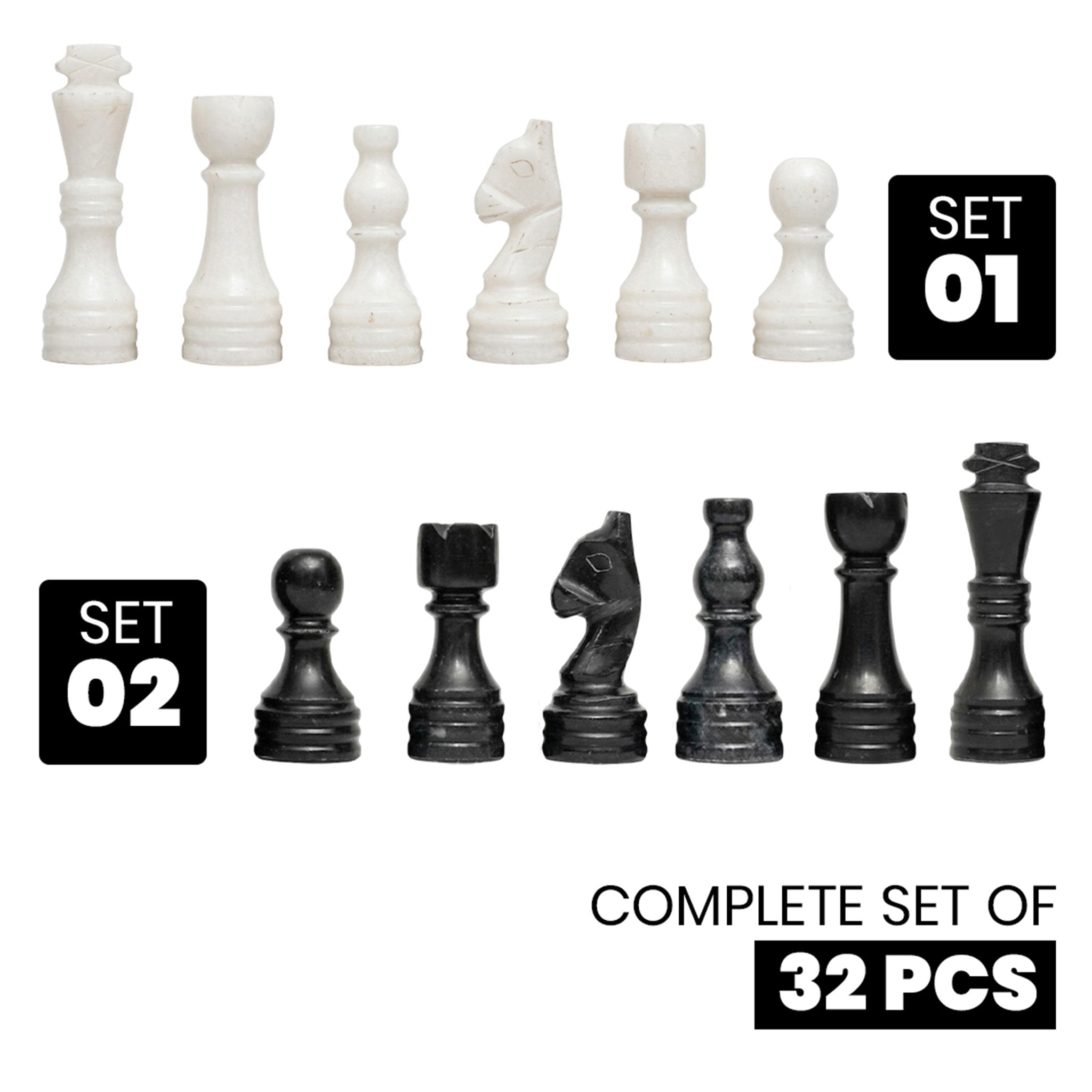 Black and White Chess Pieces for 12 to 16 Inches Board - Handcrafted (Pieces Only)
