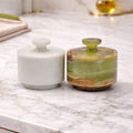 White and green marble salt cellar set