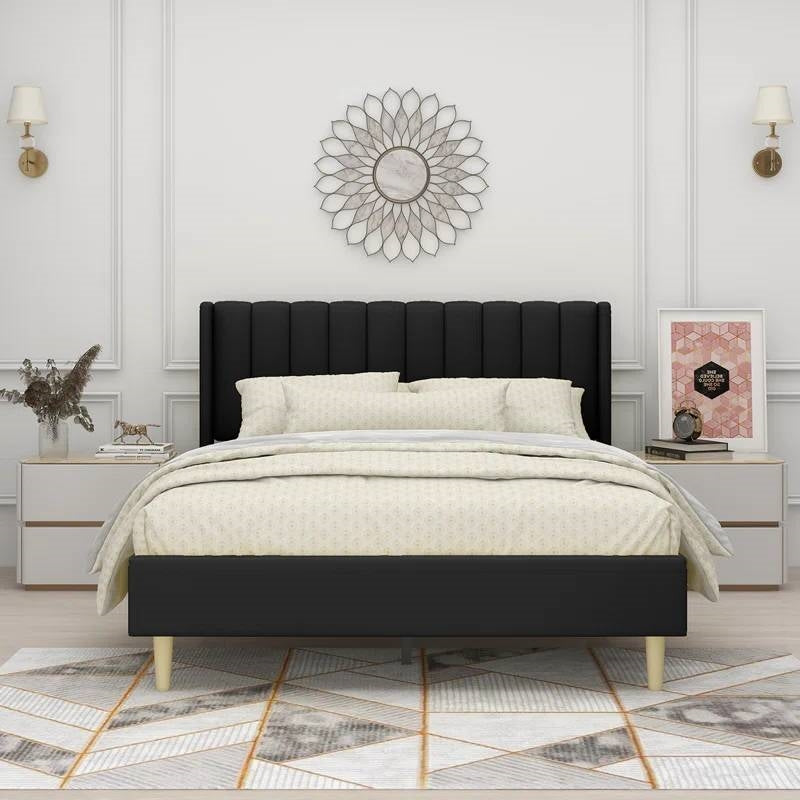 Queen black upholstered mid-century platform bed by HomePacific