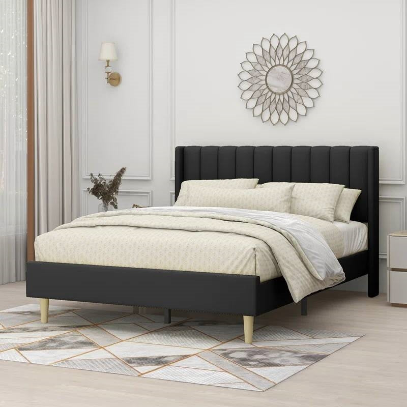 Queen Mid-Century Black Linen Platform Bed