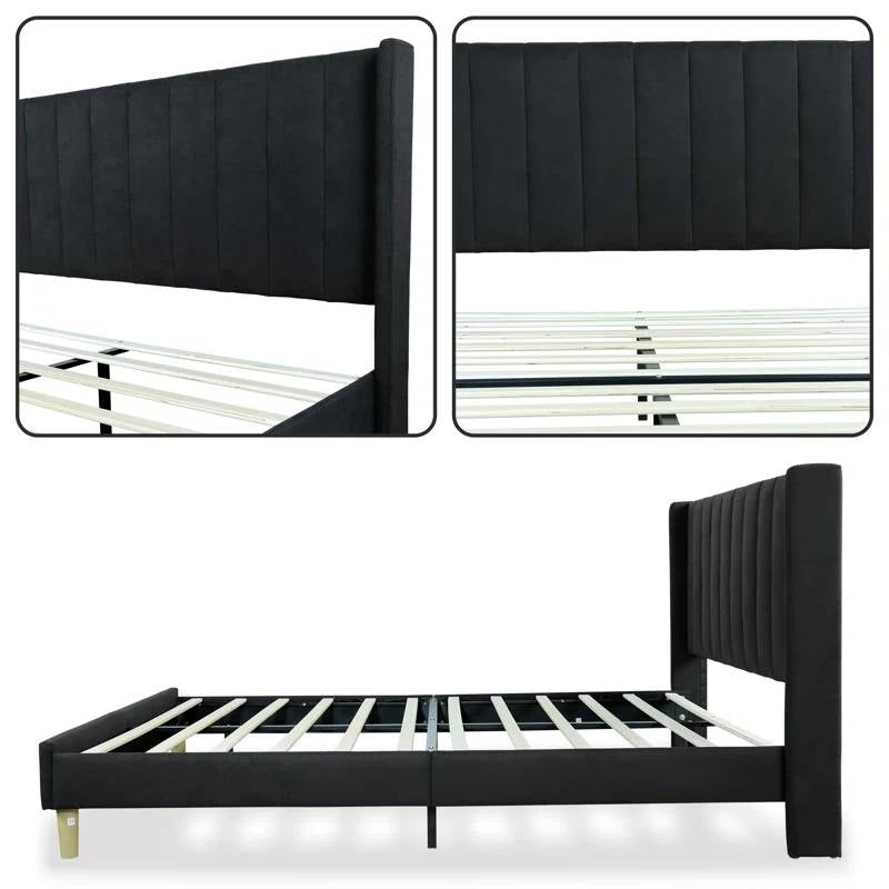 Queen Mid-Century Black Linen Platform Bed