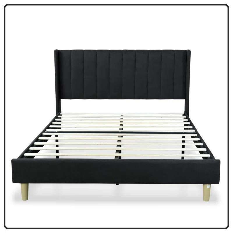 Queen Mid-Century Black Linen Platform Bed