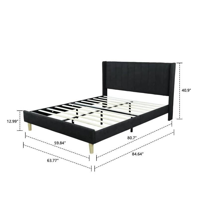 Queen Mid-Century Black Linen Platform Bed