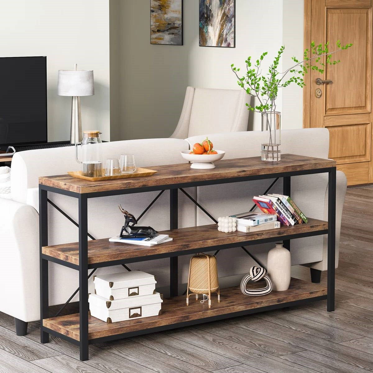 Rustic two-shelf console table with black metal frame by HomePacific